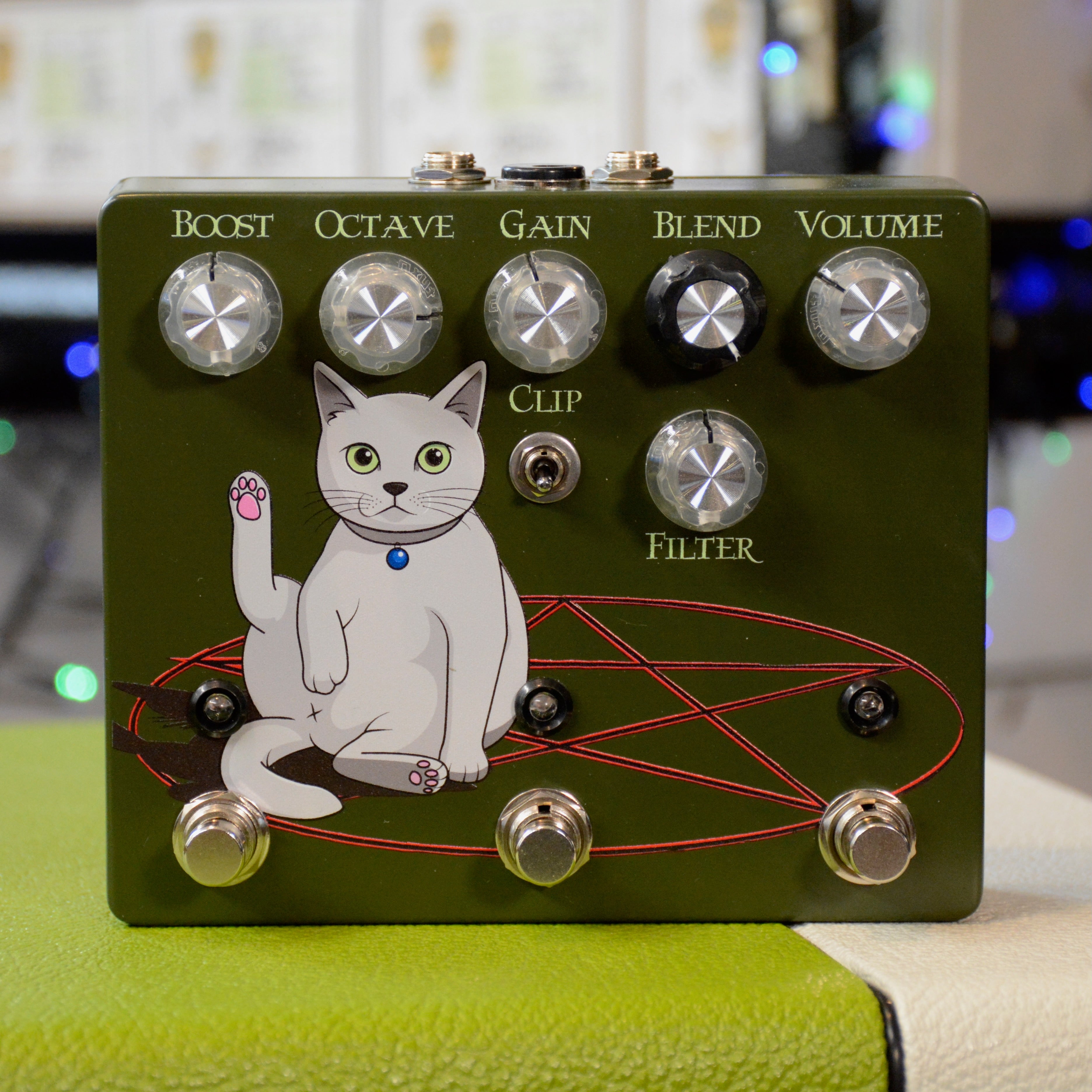 A(((ole))) fuzz-octa-boost cute cat on an army green double enclosure, face.